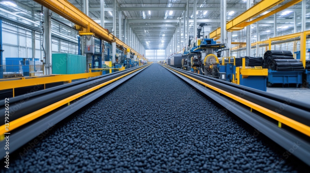 Fototapeta premium Industrial Production Facility with Black Granules on Conveyor Belt and Modern Machinery in Background