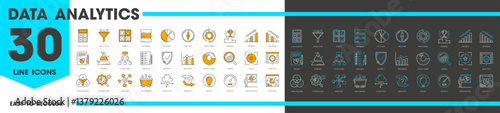 Data analytics and analysis line icons with charts and diagrams, vector symbols set. Data analysis icons for business research, digital market analysis on performance or optimization report pictograms