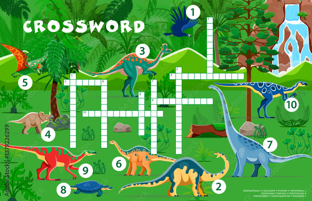 Obraz premium Crossword quiz game grid of prehistoric dinosaurs characters, vector worksheet. Dino animals word puzzle quiz with cartoon titanosauria, tapejara and centrosaurus. Jurassic dinosaurs crossword game