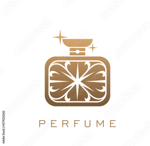 Luxury golden bottle perfume fragrance icon. Elegant gold flask with intricate decor and sparks. Isolated vector emblem with ornate spray bottle for high end fragrance branding, beauty and fashion