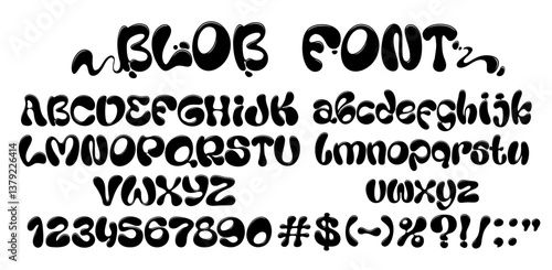 Funky wavy type, liquid bubble font, groovy letters typeface, y2k english alphabet. Abstract black ink blobs font abc letters and numbers vector typography set. Retro liquid bubble typeface alphabet