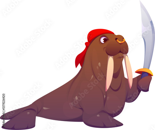 Cartoon walrus animal pirate captain and corsair character with a sharp sword. Isolated vector funny morse sea creature filibuster personage, wearing red bandana and holding trusty saber in its fin