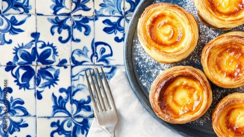  Portuguese breakfast with pasteis de nata on blue ceramic tiles background, traditional pastry delight