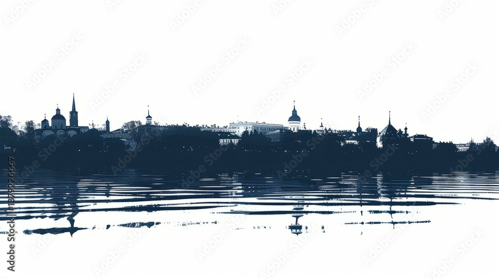 Fototapeta premium Serene Saratov cityscape reflected in calm river waters with historic architecture silhouette