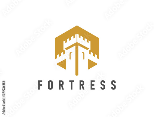 Medieval castle tower icon of palace fortress and fort wall tower on shield, vector emblem. Brick castle tower icon for building and construction company, security and software development business