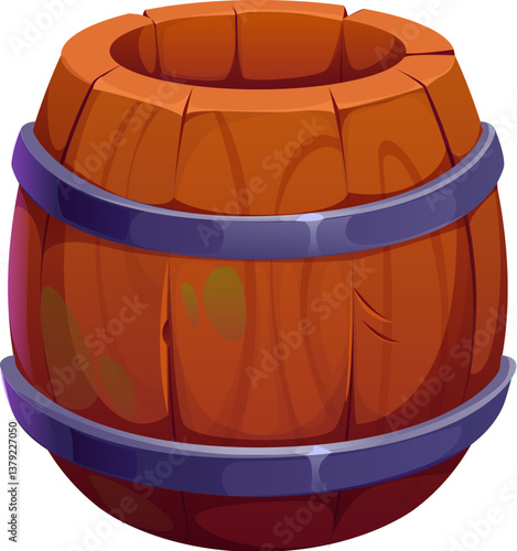 Cartoon pirate wooden barrel icon. Vector rustic, wood, cylindrical cask, bound by metal hoops, used for storing rum, gunpowder, gold, beer or provision. Isolated game asset, pub or bar brewery item