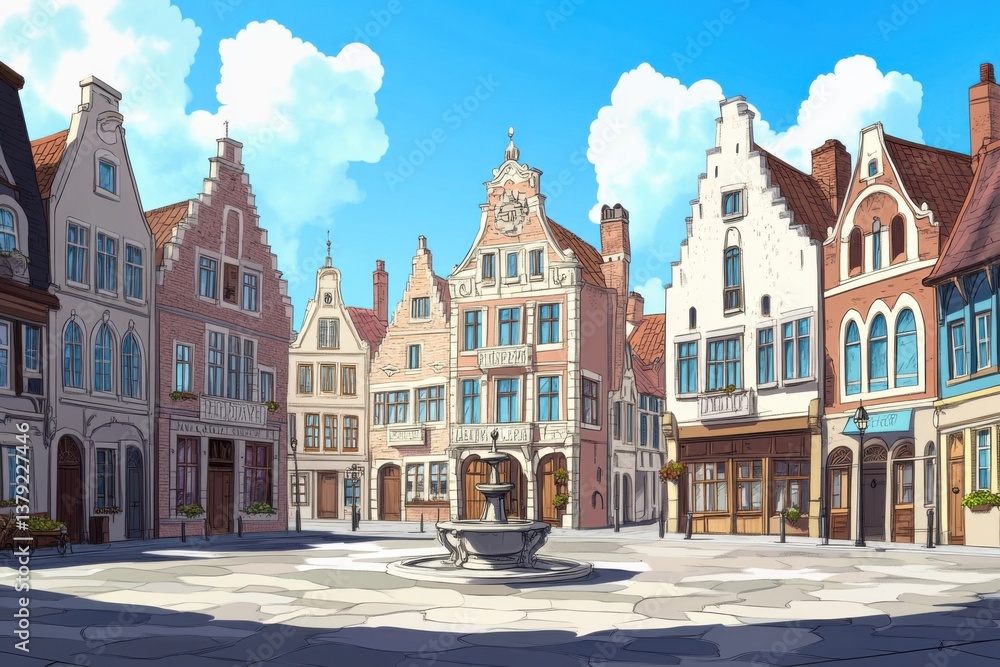 Obraz premium Vibrant medieval city square in Belgium with ornate guild houses and central fountain