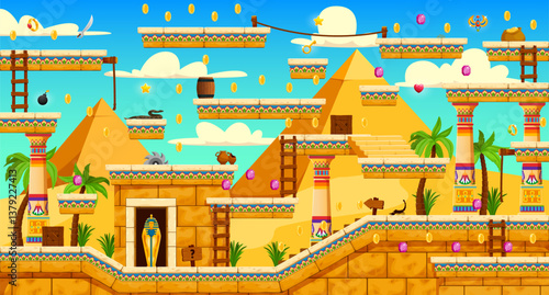 2D arcade game with Egyptian pyramids and level map, vector interface. Ancient Egypt game platforms and stone stairs with coins bonus and trap snares for Pharaoh arcade game level and GUI map template