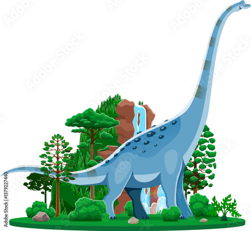 Dinosaur, cartoon prehistoric lizard of Titanosauria species, vector dino animal. Titanosaur dinosaur or giant reptile lizard of Triassic or Jurassic era in jungle forest park for kids paleontology