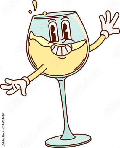 Cartoon groovy wineglass character with funny face and smile, vector comic personage. Groovy white wine glass with happy booze smile and cheers splashes for kitchen glassware retro cartoon character