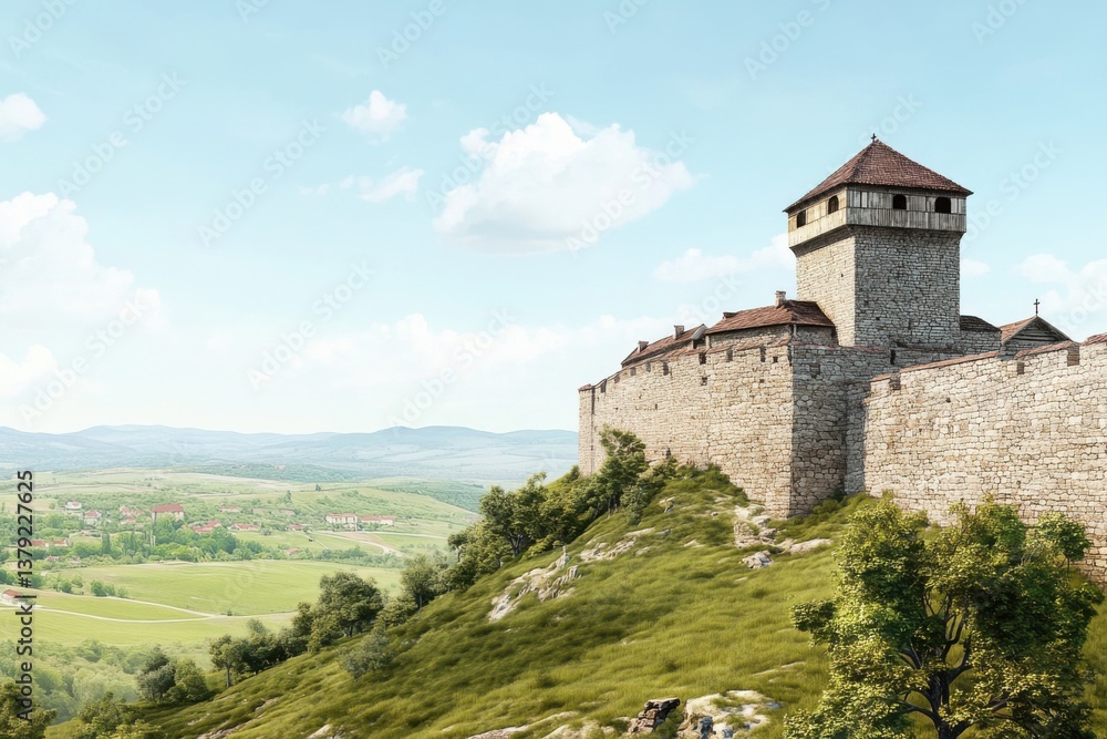 Historic Serbian fortress overlooks lush green fields in a vintage architectural drawing style Historic Serbian fortress overlooks lush green fields in a vintage architectural drawing style