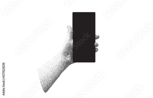 hand with a smartphone. cut out collage element stipple noise hand gesture. Vector illustration in a modern collage style. Empty phone screen for marketing poster design .