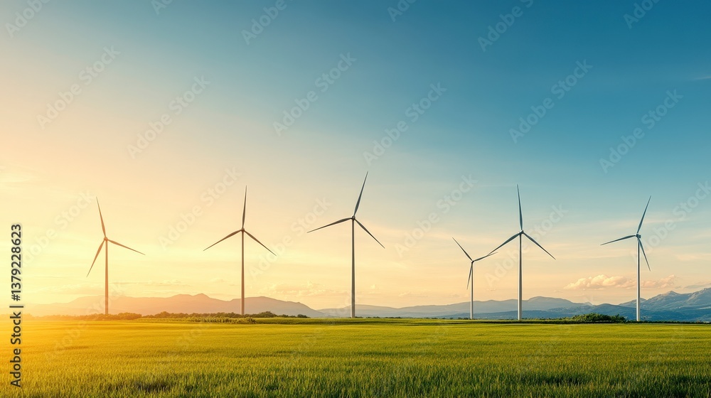 Wind turbines in a golden field under a clear blue sky at sunset, symbolizing renewable energy and sustainability. Wind turbines in a golden field under a clear blue sky at sunset, symbolizing renewable energy and sustainability.