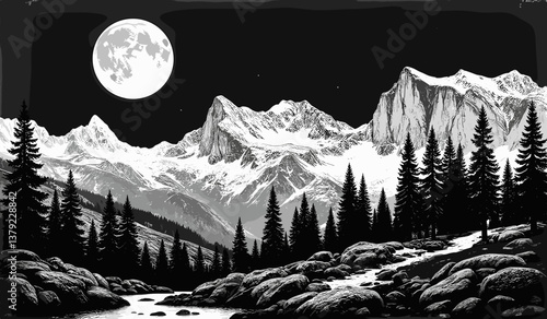 Mountain landscape illuminated by moonlight in black-and-white style  
