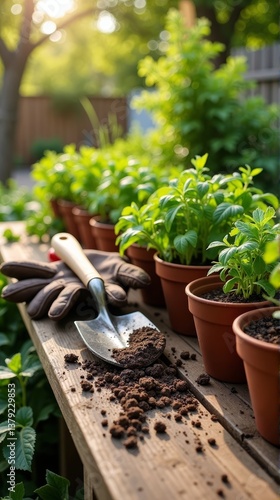 Gardening tools and herbs for earth day