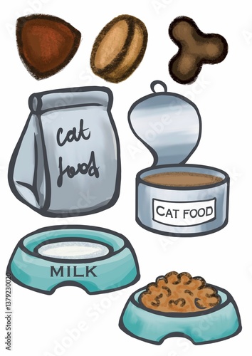 Εκτύπωση καμβά Cat food drawn stickers illustation set milk dry food for cat  icon isolated on
