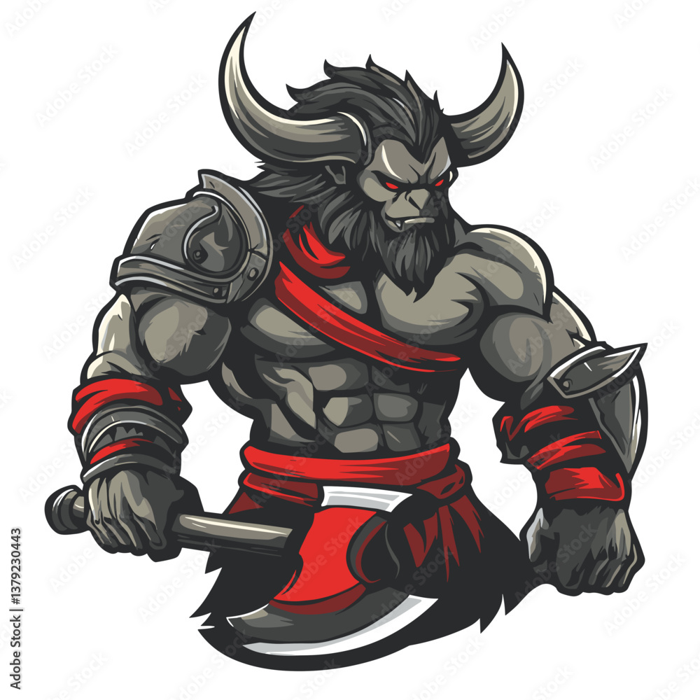 Fototapeta premium Armored minotaur vector logo for esports teams featuring a powerful side view representation with a prominent axe