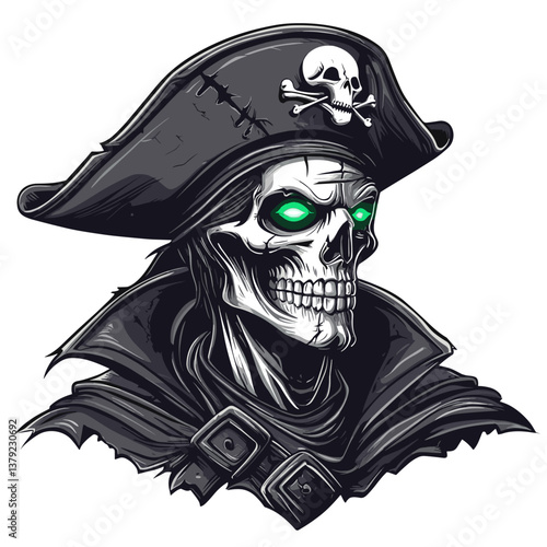 Esports vector logo featuring a skeletal pirate in a side view with glowing green eyes and a classic pirate hat