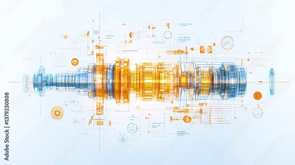 Obraz premium Futuristic engine blueprint with technical details and annotations in vibrant colors on a light background.