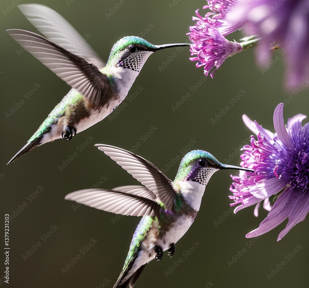 Fototapeta premium A hummingbird flies by a bright flower, its feathers catching the sunlight in a brilliant dance of colors. Generated AI