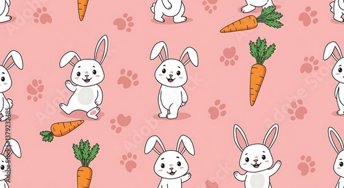 Adorable Bunny Pattern Pink Delightful Cartoon Illustration AI Generated