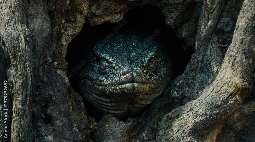 A reptile peeking through a tree hollow showcasing its textured scales and natural habitat A reptile peeking through a tree hollow showcasing its textured scales and natural habitat