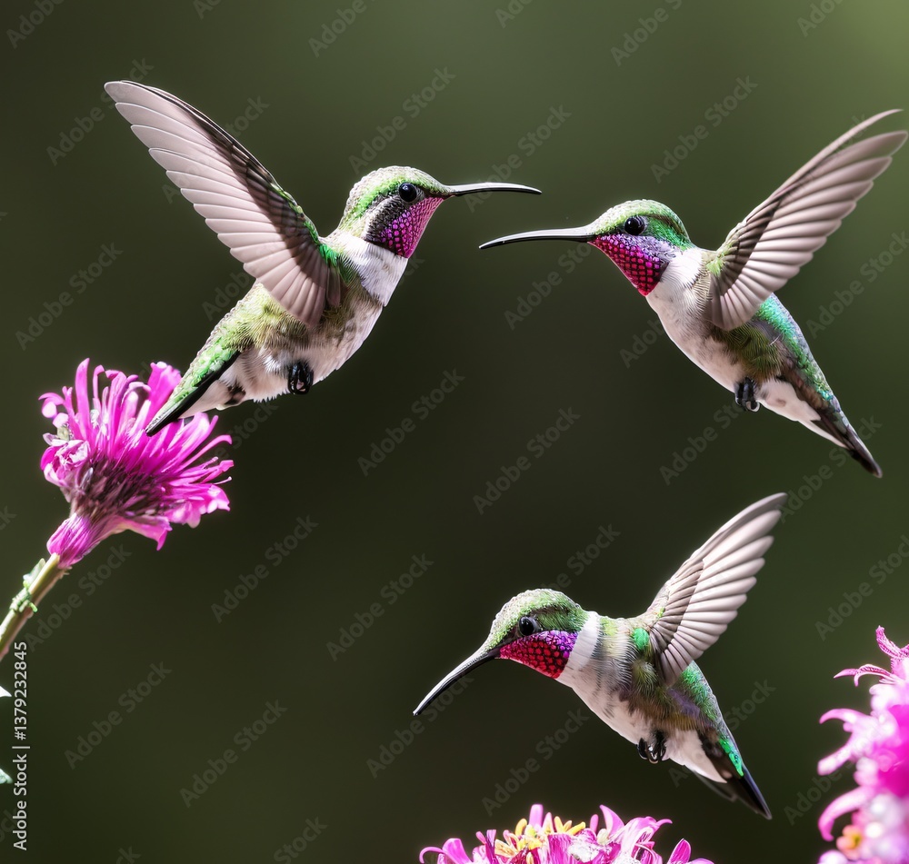 Fototapeta premium A hummingbird flies by a bright flower, its feathers catching the sunlight in a brilliant dance of colors. Generated AI