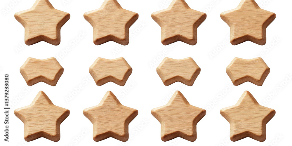 Wooden star shapes in various arrangement on a white background suitable for educational purposes, crafts, and artistic design projects Wooden star shapes in various arrangement on a white background suitable for educational purposes, crafts, and artistic design projects
