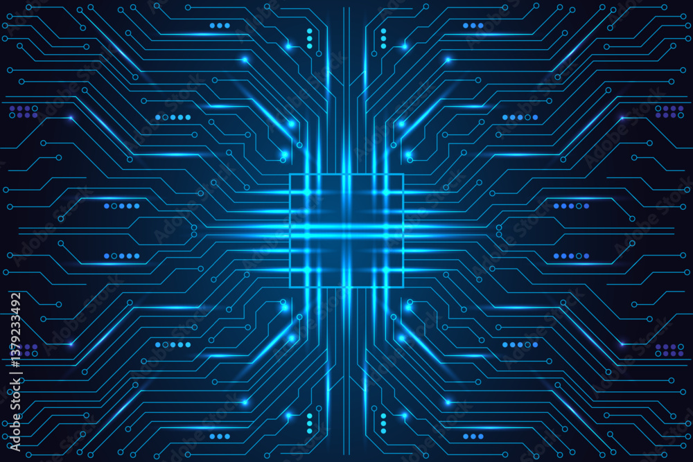 Futuristic AI circuit board, glowing microchip, digital technology vector on dark blue background. Futuristic AI circuit board, glowing microchip, digital technology vector on dark blue background.