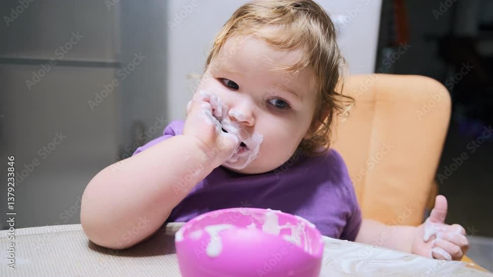 Little Child Enjoys Dessert With Messy Delight While Sitting at the Dining Table Little Child Enjoys Dessert With Messy Delight While Sitting at the Dining Table