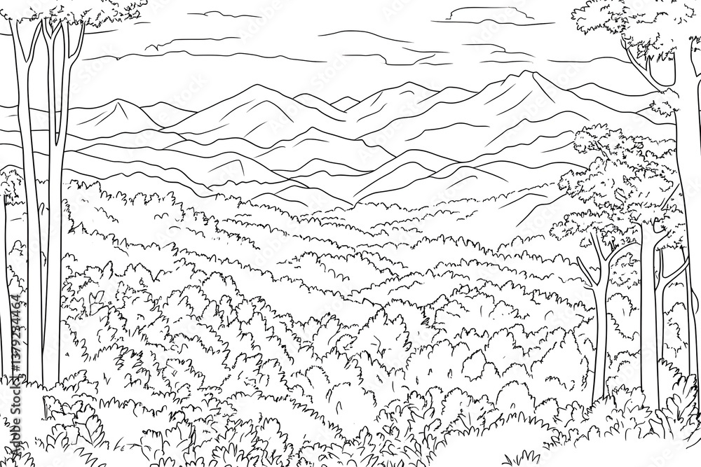 Fototapeta premium Color Lush Mountain Forest Coloring Page
