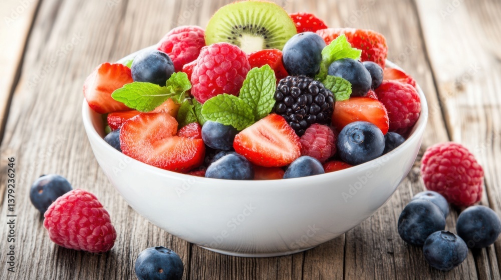 Fresh and Colorful Fruit Bowl with Strawberries, Raspberries, Blueberries, Blackberries, and Kiwi on Wooden Table Fresh and Colorful Fruit Bowl with Strawberries, Raspberries, Blueberries, Blackberries, and Kiwi on Wooden Table