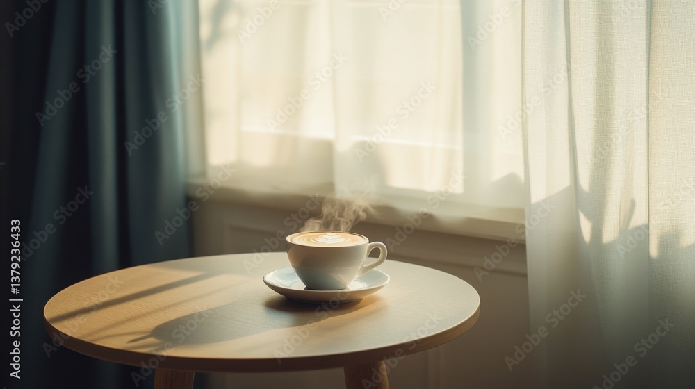 A steaming cappuccino on a modern round table, early morning light creating a dreamy aesthetic. A steaming cappuccino on a modern round table, early morning light creating a dreamy aesthetic.