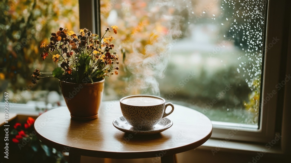 A steaming latte in a delicate cup, placed on a round table near a sunlit window with morning mist outside. A steaming latte in a delicate cup, placed on a round table near a sunlit window with morning mist outside.