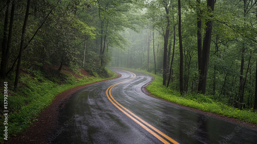 Fototapeta premium Winding Road Through Rainy North Georgia Forest