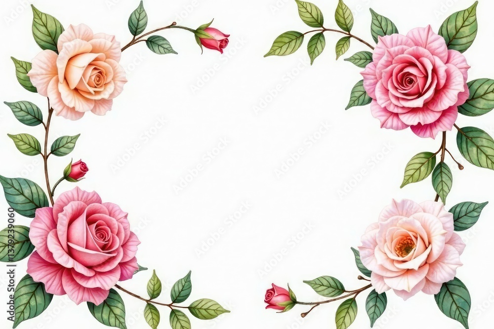 Delicate watercolor roses, vines, and leaves in soft pastel hues , classic, blossom, bloom Delicate watercolor roses, vines, and leaves in soft pastel hues , classic, blossom, bloom