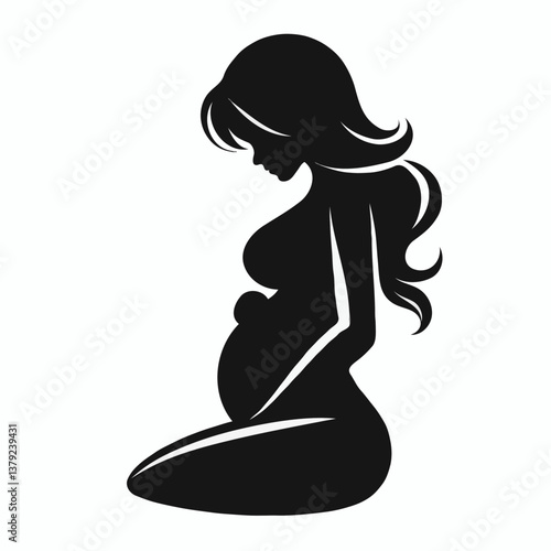 Pregnant woman sitting silhouette on white background