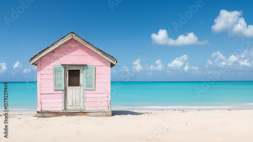 Tropical paradise beach with pink shack and clear blue sky design for relaxation concept