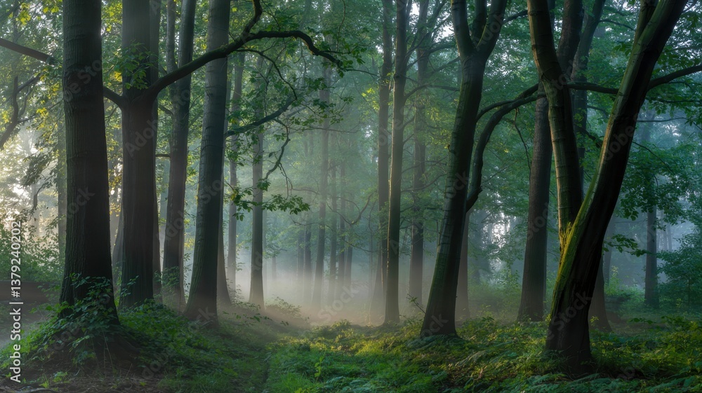 Fototapeta premium Forest landscape, fairy-tale atmosphere, fantastical forest, green trees, sun rays through the branches, forest sunrise.