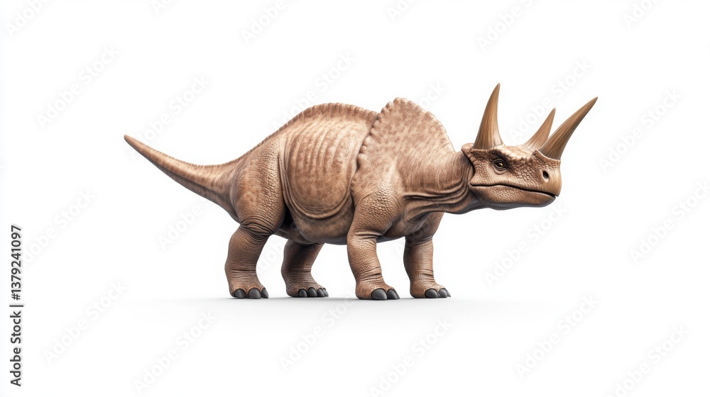 Fototapeta premium Realistic 3D Rendering of a Triceratops Dinosaur Model Standing on White Background for Educational Purposes