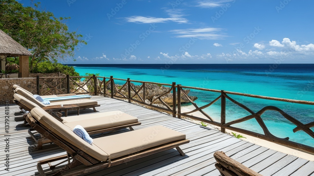 Fototapeta premium Resort sun deck with plush lounge chairs, infinity pool edge, and an uninterrupted ocean horizon.