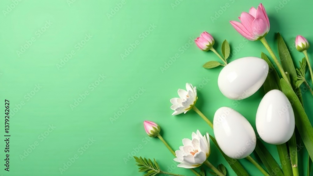 White eggs and daisies arranged on green background for spring celebration. White eggs and daisies arranged on green background for spring celebration.