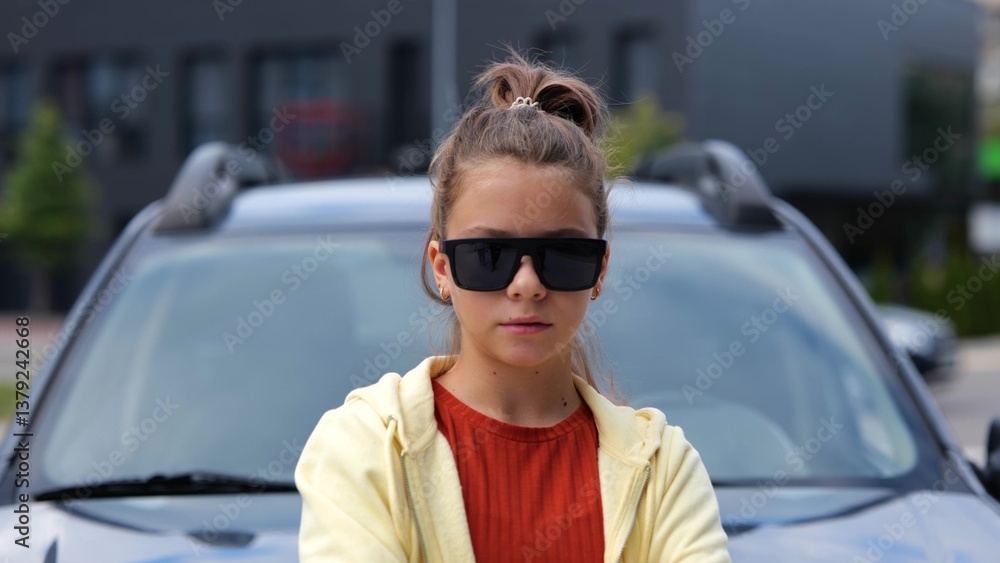 Caucasian cool young teen girl standing in front of car on street looking at camera chewing a gum. Close up. Stylish teenager girl with serious face expression. Outdoor Caucasian cool young teen girl standing in front of car on street looking at camera chewing a gum. Close up. Stylish teenager girl with serious face expression. Outdoor