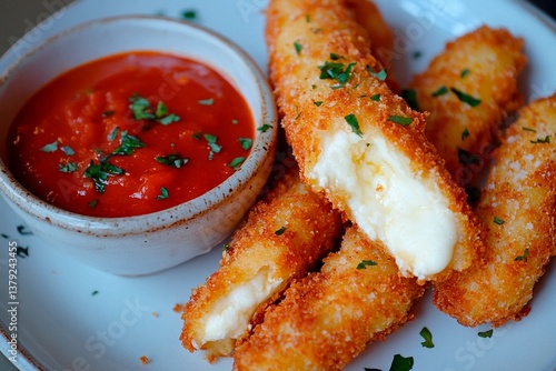 Schilderij op canvas Breaded cheese sticks are arranged on a plate next to a small bowl of marinara s