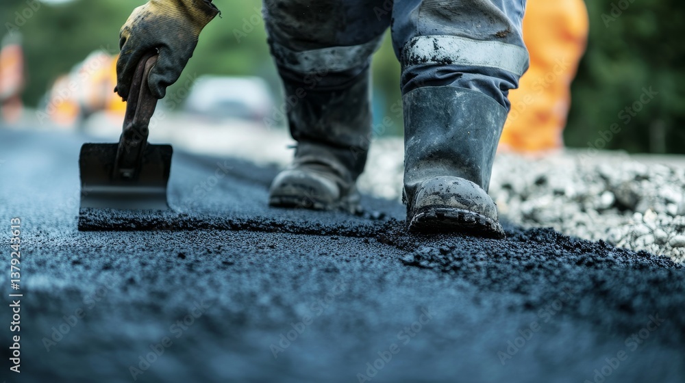 A construction worker laying down asphalt on a road. Featuring precision and strength A construction worker laying down asphalt on a road. Featuring precision and strength