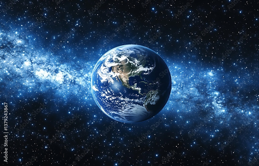 Fototapeta premium Earth Globe Realistic Render in Space with Stars and Galaxy Background