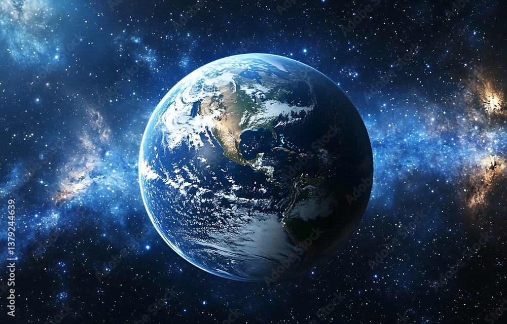 Earth View from Space with Blue Nebula and Starfield, Showing Continents and Oceans