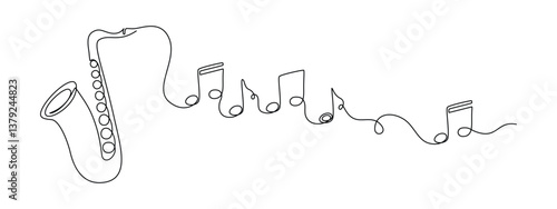 Saxophone with notes in one continuous line drawing. Wind musical instrument for orchestra and jazz concert banner in simple linear style. Editable stroke. Doodle monoline vector illustration