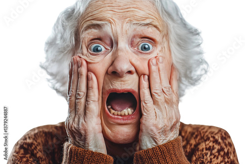 Elderly woman with white hair expressing shock and fear, holding her face with hands, wide eyes, open mouth, conveying strong emotion in a studio setting