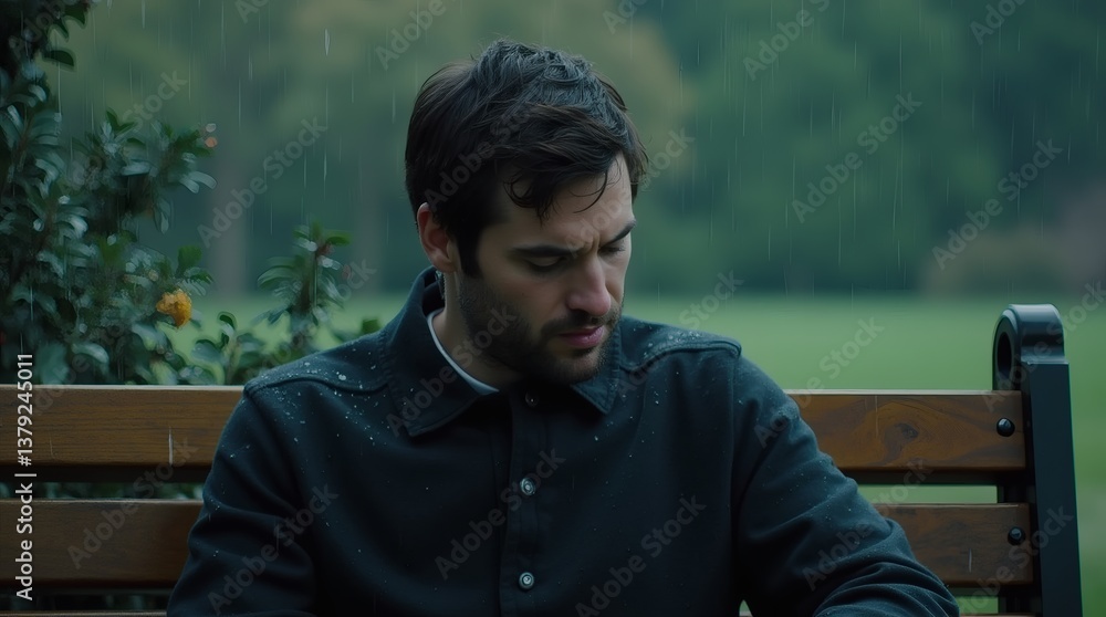A young man with dark hair and a black jacket sits on a wooden bench under the rain. A young man with dark hair and a black jacket sits on a wooden bench under the rain.
